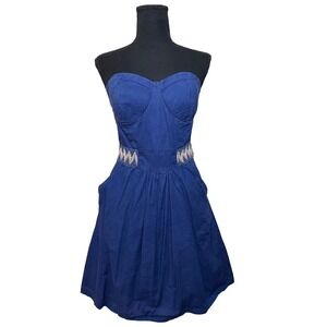 Blue Strapless 100% Cotton Embroidered Smocked Waist Pockets‎ Mini Dress Large
